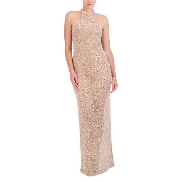 BCBGMAXAZRIA Sequin Mock Neck Long Dress, Café Au Lait, Size 0 - Picture 1 of 5